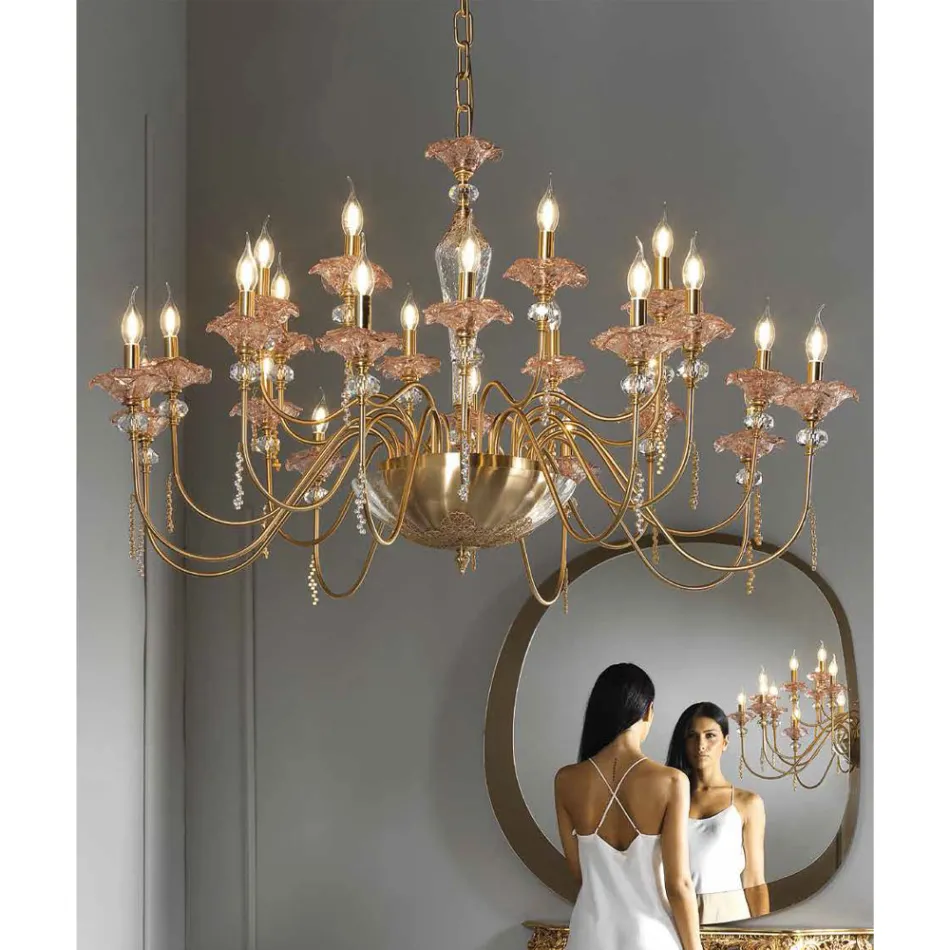 Klassisk 24 lys lysekrone i glas, krystal og luksusmetal - Flandern Viadurini