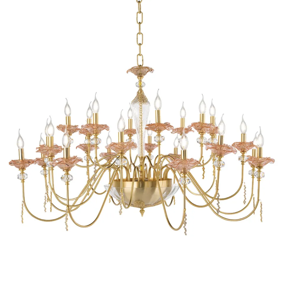 Klassisk 24 lys lysekrone i glas, krystal og luksusmetal - Flandern Viadurini