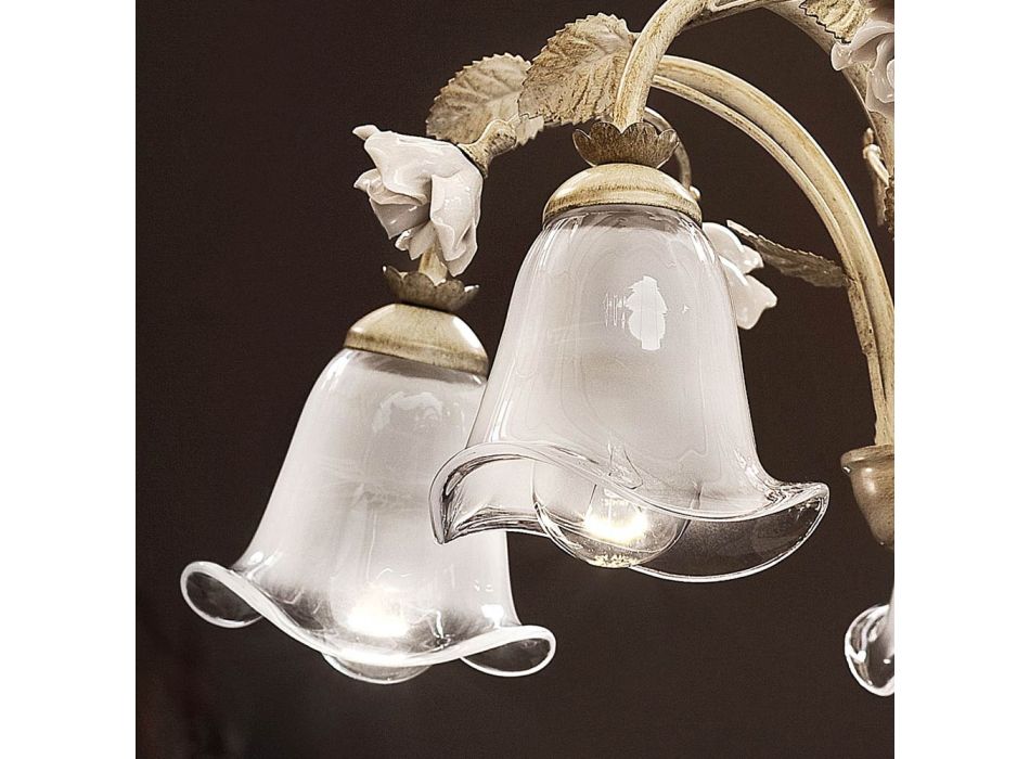 5 lys lysekrone i jern og sandblæst glas med keramiske roser - Siena Viadurini