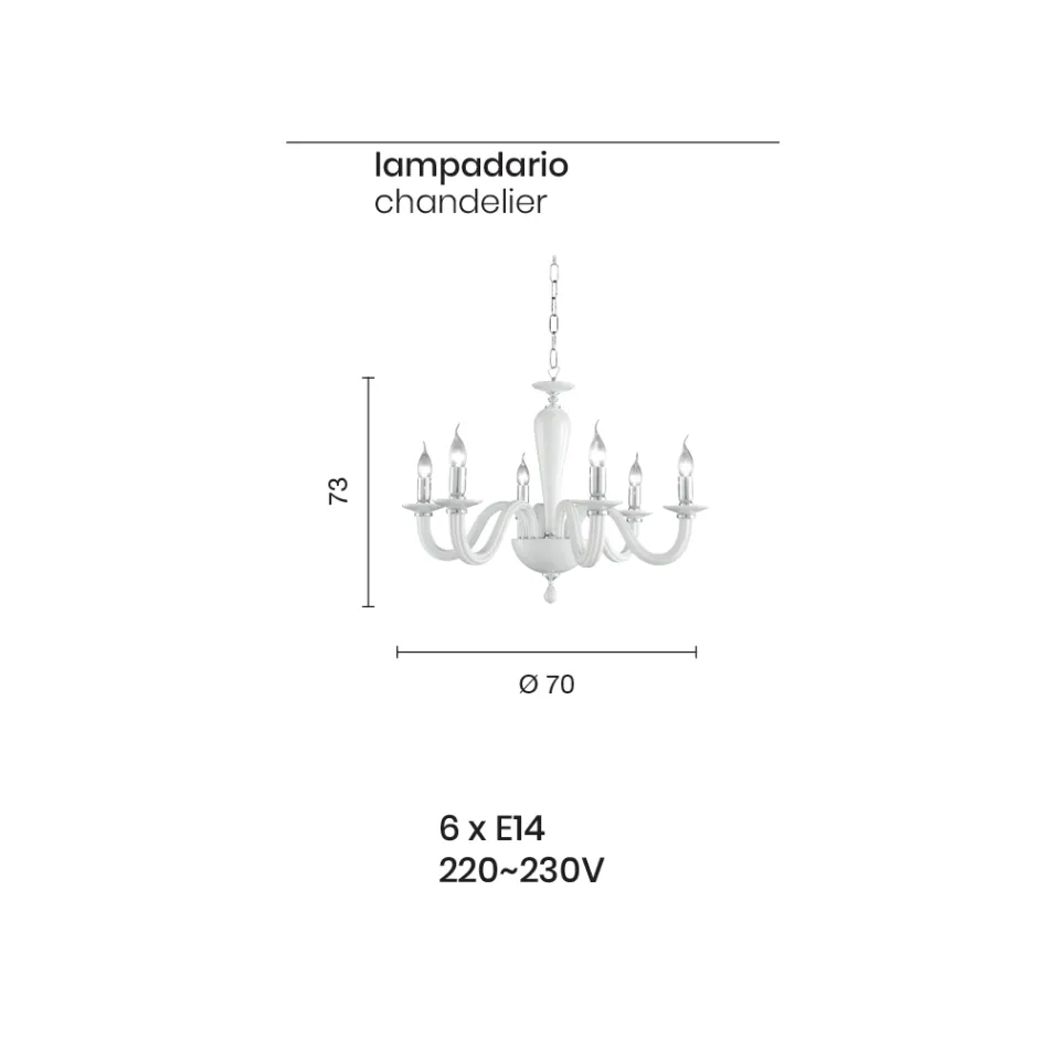 Klassisk 6-lys lysekrone i italiensk håndlavet gennemsigtigt glas - Rapallo Viadurini
