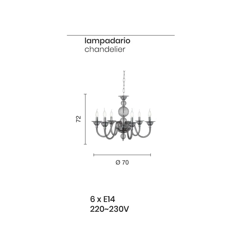 Klassisk lysekrone 6 lys røget glas håndlavet italiensk og metal - Memore Viadurini