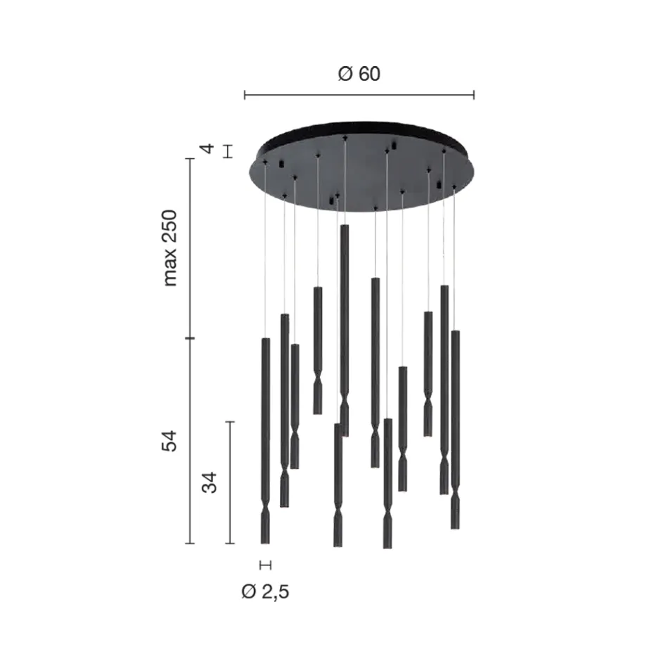 Lysekrone med 12 LED-lys i malet metal og justerbare kabler - Lærk Viadurini