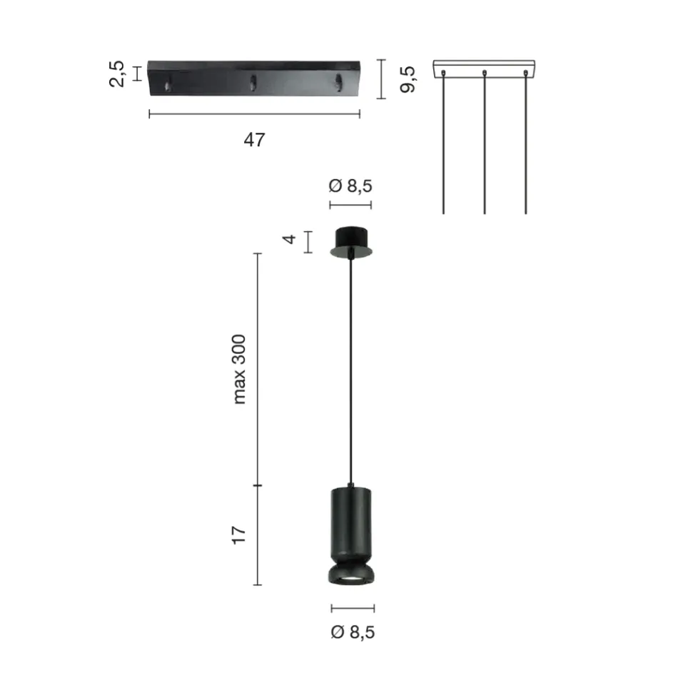 Lysekrone med 3 lysdioder i pulverlakeret aluminium og justerbart kabel - Buxus Viadurini