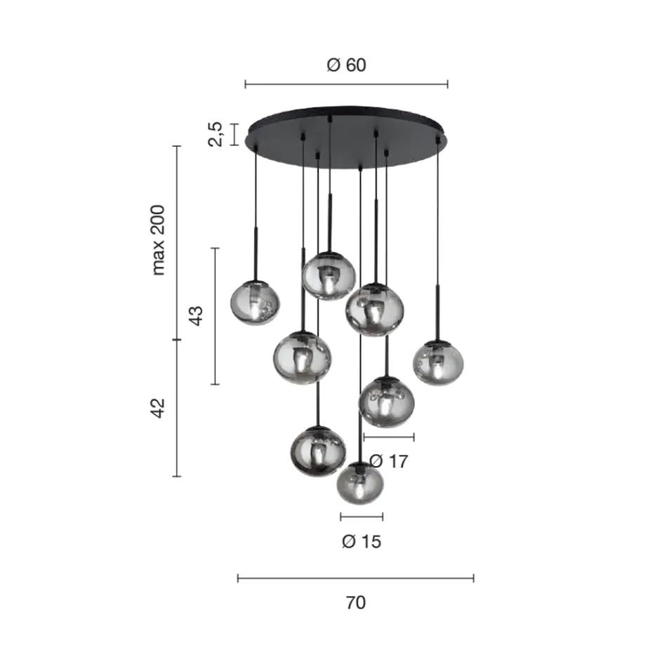 Lysekrone med 8 lysdioder i guldmalet metal og blæst glas - Ailanto Viadurini