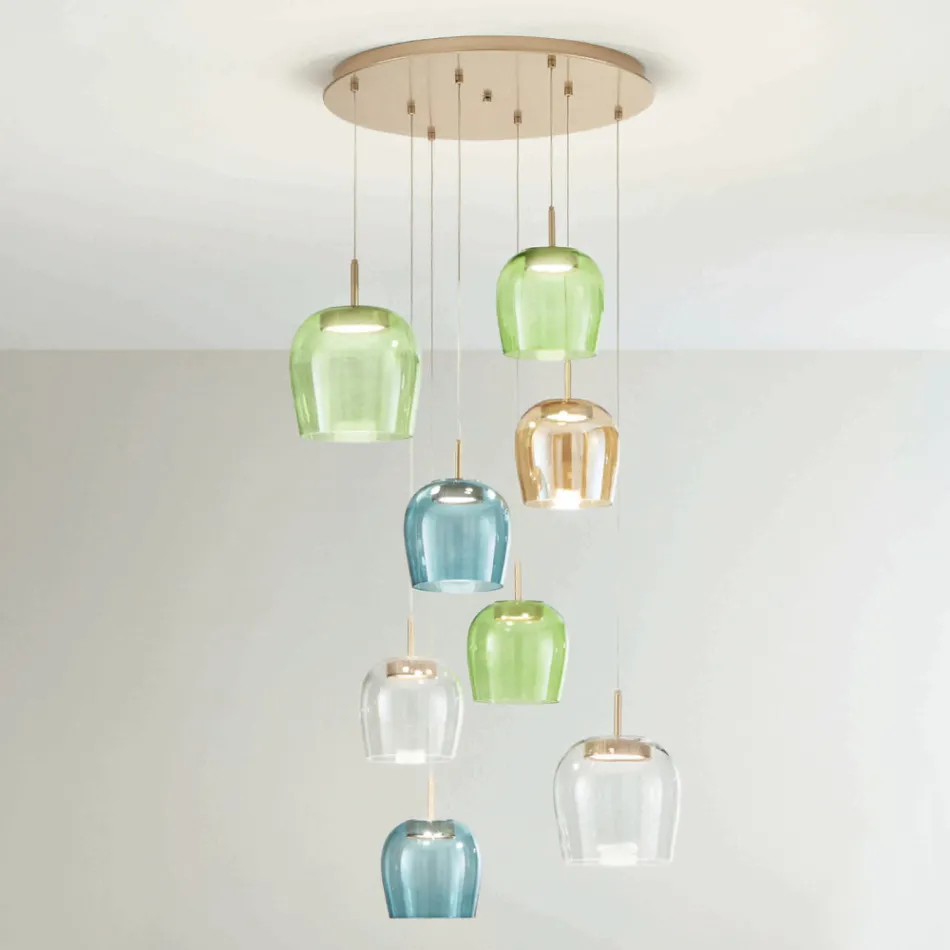 Lysekrone i guldmalet metal og LED lys og farvet glas - avnbøg Viadurini