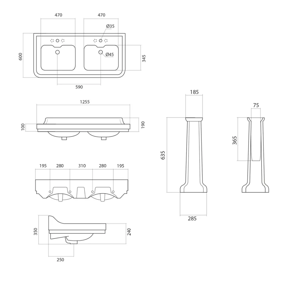 Søjlekonsol Håndvask i keramisk dobbelt håndvask Fremstillet i Italien - Wollie Viadurini