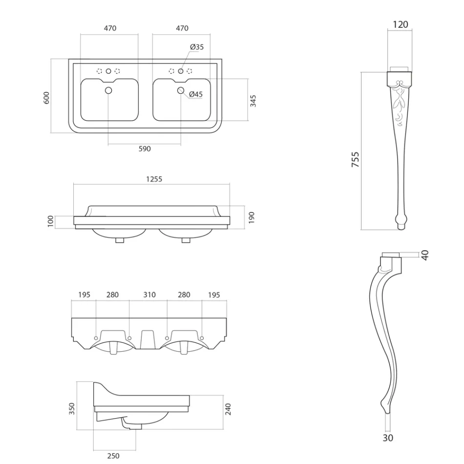 Konsol Håndvask i hvid keramik med dobbelt håndvask Fremstillet i Italien - Wollie Viadurini