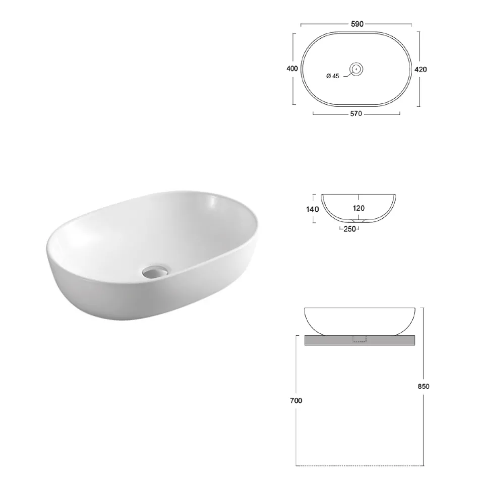 Oval bordvask i hvid keramik med moderne design - Papavero Viadurini