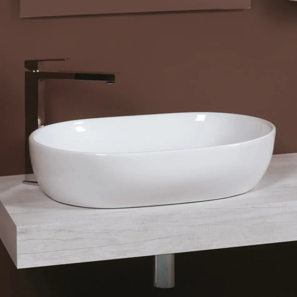 Oval bordvask i hvid keramik med moderne design - Papavero Viadurini