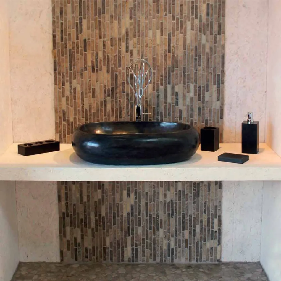 Håndvask Støtte i Natural Stone Round Black Waka Viadurini