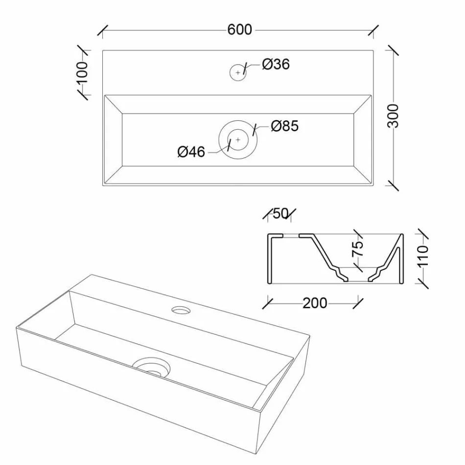 Moderne rektangulær bordplade eller ophængt håndvask 60x30 cm i keramik - akt Viadurini
