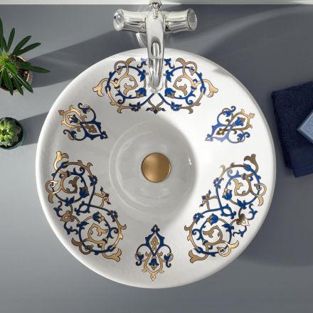 Halv forsænket håndvask med koboltblå og guld- eller gulddekorationer Made in Italy - Capatosta Viadurini