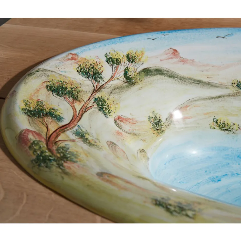 Halv forsænket håndvask i Fire Clay med Landskab af Deruta Made in Italy - Principe Viadurini