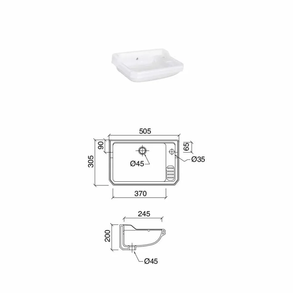 Hængende håndvask i klassisk designkeramik, fremstillet i Italien - Nausica Viadurini