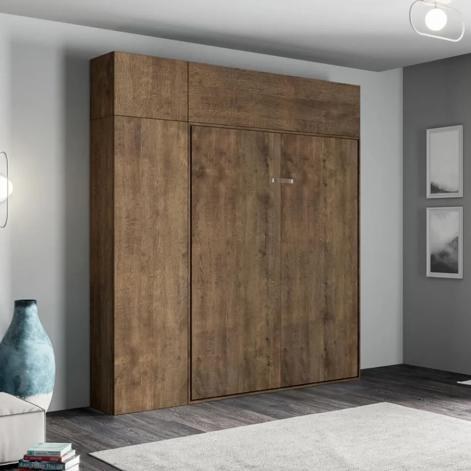 Queensize-seng med lodret sammenklappelig seng med søjle og vægskab - Magicompare Viadurini