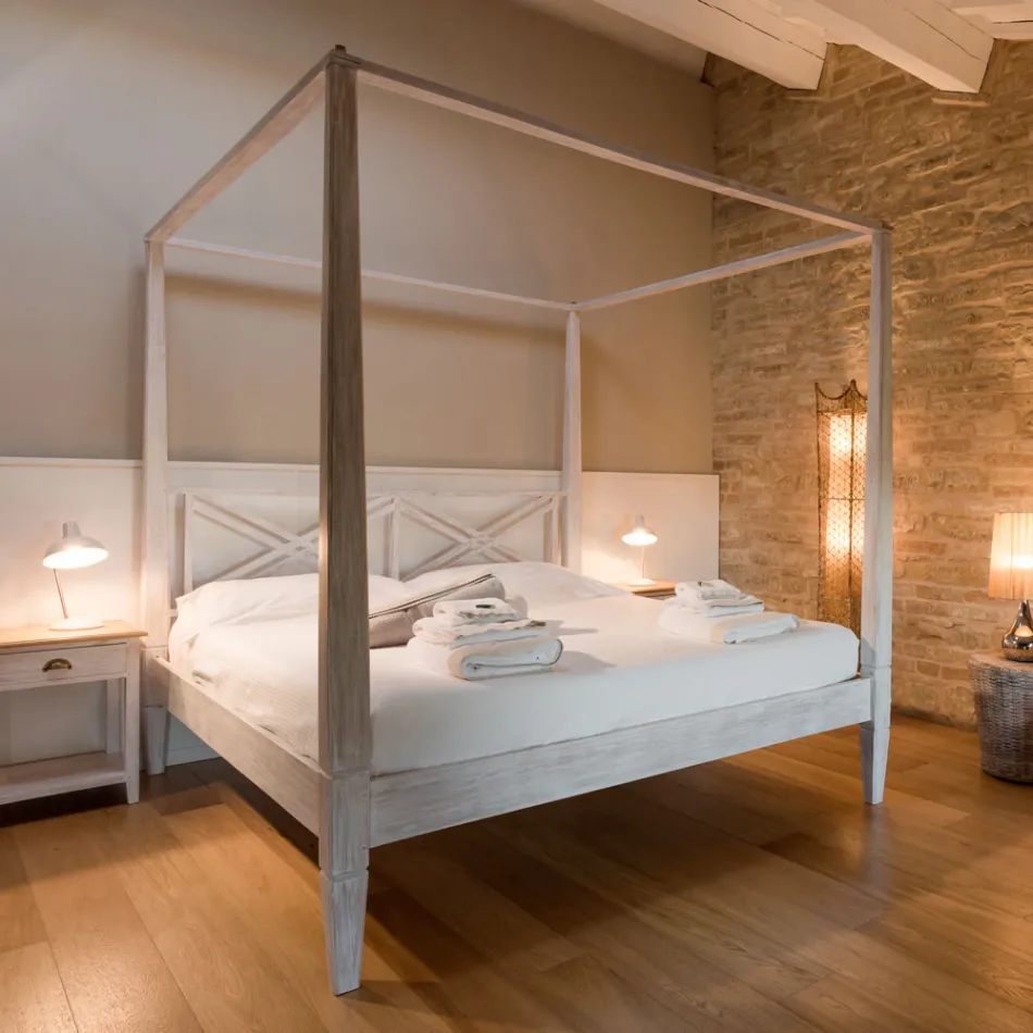 160x200 dobbeltseng med baldakin i massivt teaktræ - Akvarel Viadurini