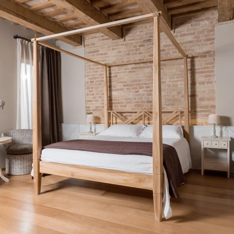 160x200 dobbeltseng med baldakin i massivt teaktræ - Akvarel Viadurini