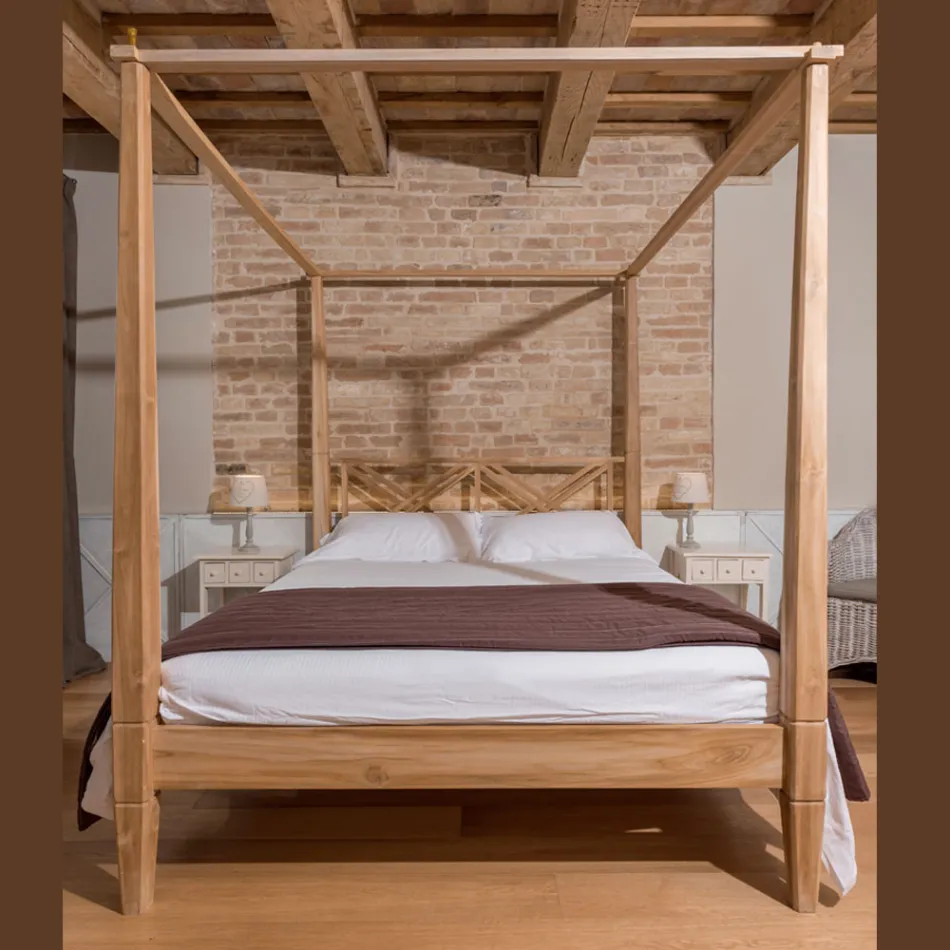 180x200 dobbeltseng med baldakin i massivt teaktræ - Tempera Viadurini