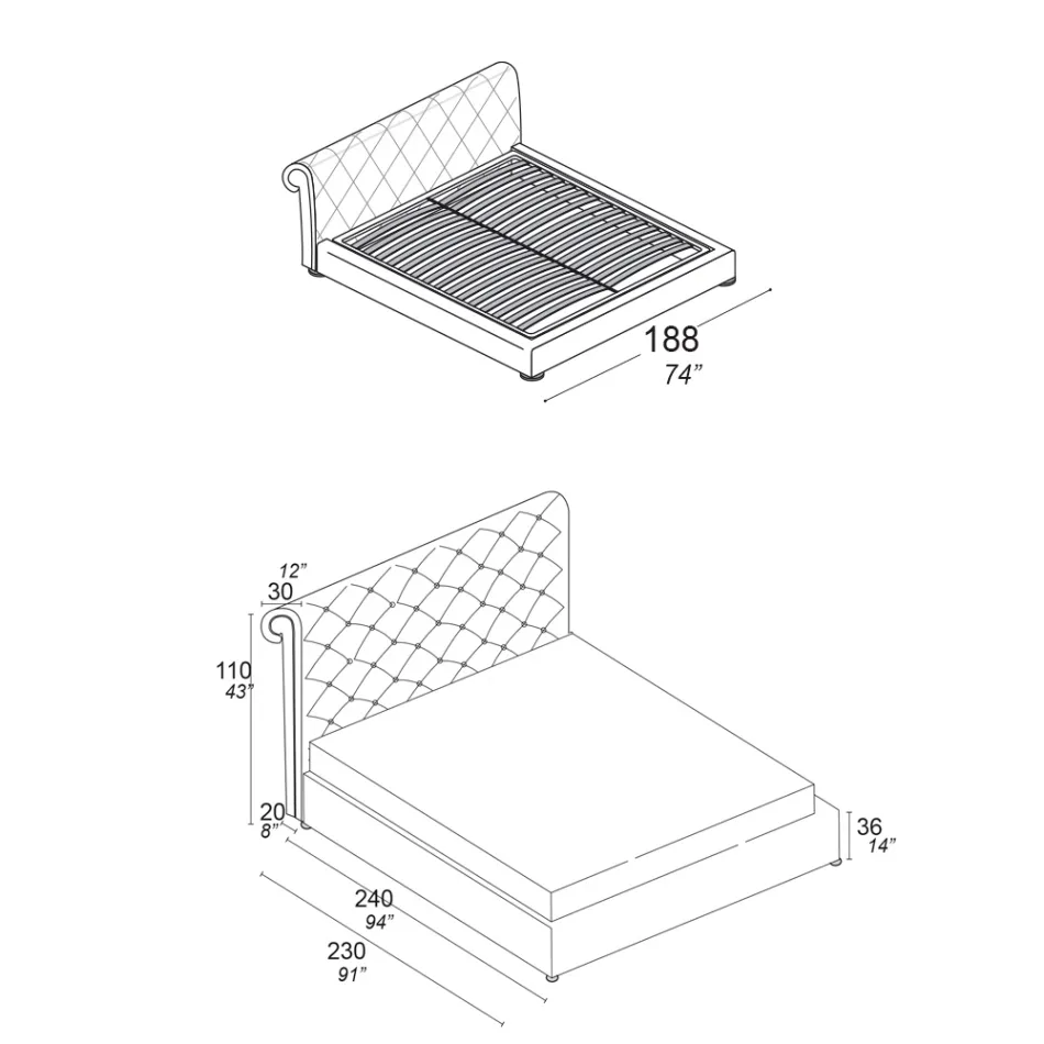 Dobbeltseng med capitonné polstring og træfødder - Briosco Viadurini