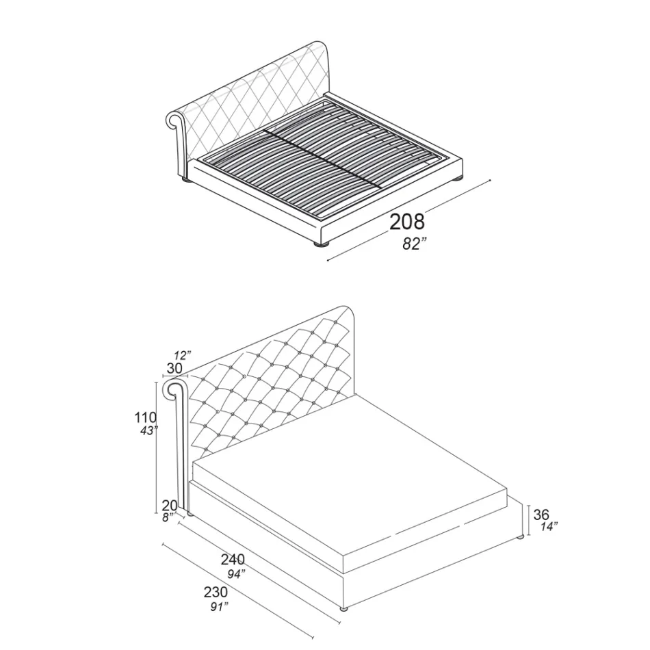 Dobbeltseng med capitonné polstring og træfødder - Briosco Viadurini