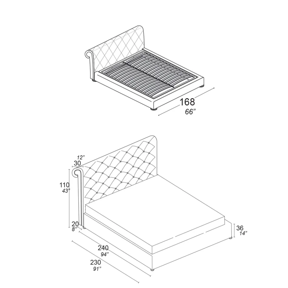 Dobbeltseng med capitonné polstring og træfødder - Briosco Viadurini