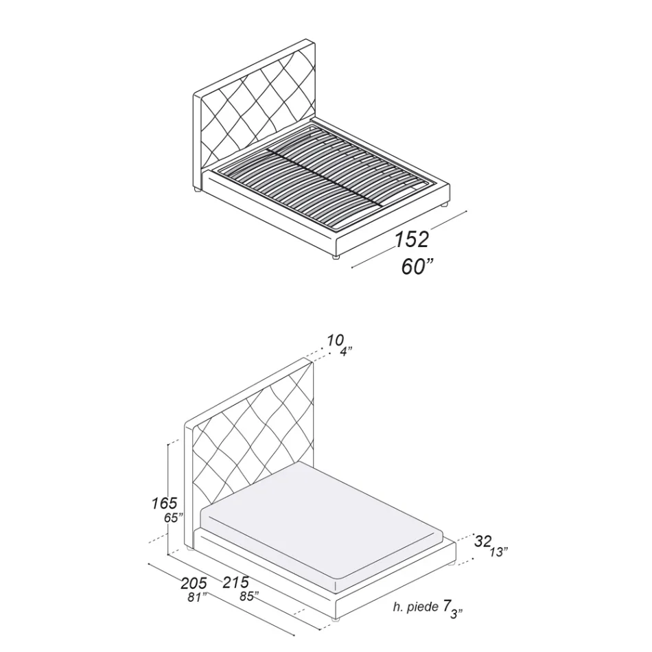 Polstret dobbeltseng beklædt med stof eller læder - Celebre Viadurini