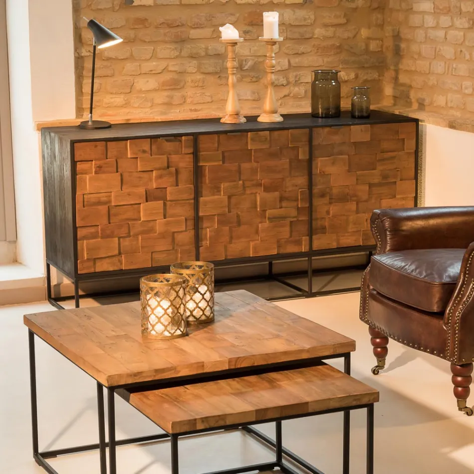 Skænk med 3 døre i patchwork genbrugstræ og metalstruktur - rutsjebane Viadurini