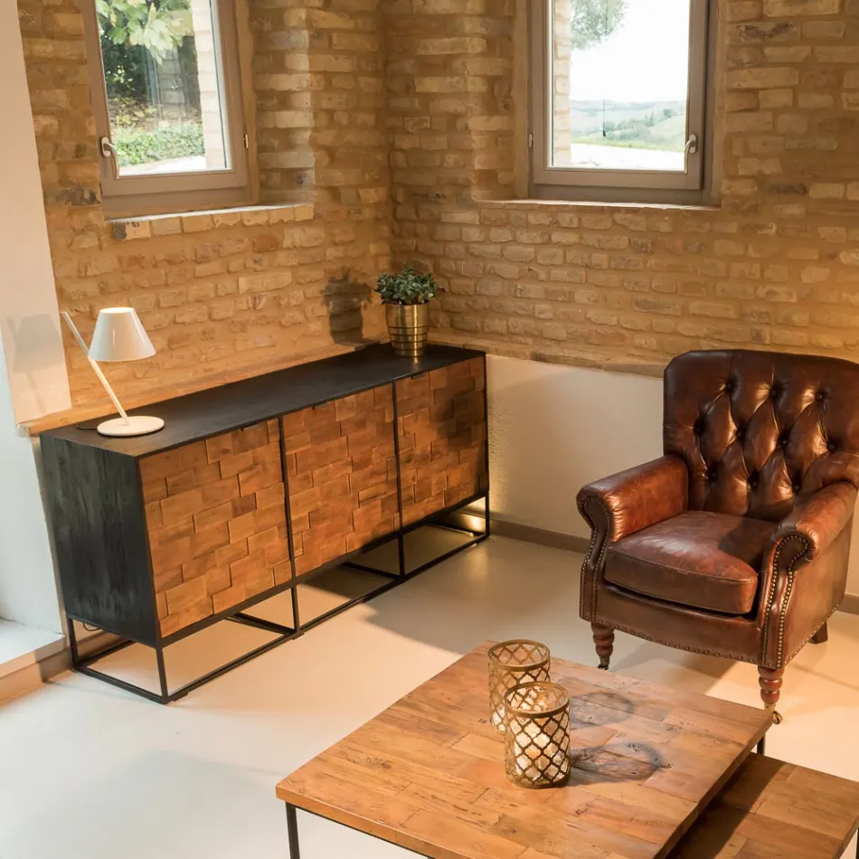 Skænk med 3 døre i patchwork genbrugstræ og metalstruktur - rutsjebane Viadurini