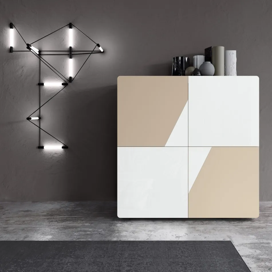 Stue skænk med 4 låger i hvidt glas og mink finish Made in Italy - Eva Viadurini