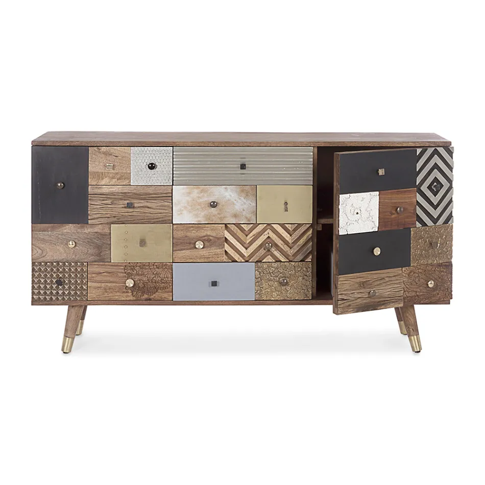 Skænk i mangotræ 2 låger 4 skuffer Etnisk stil Homemotion - Auriel Viadurini