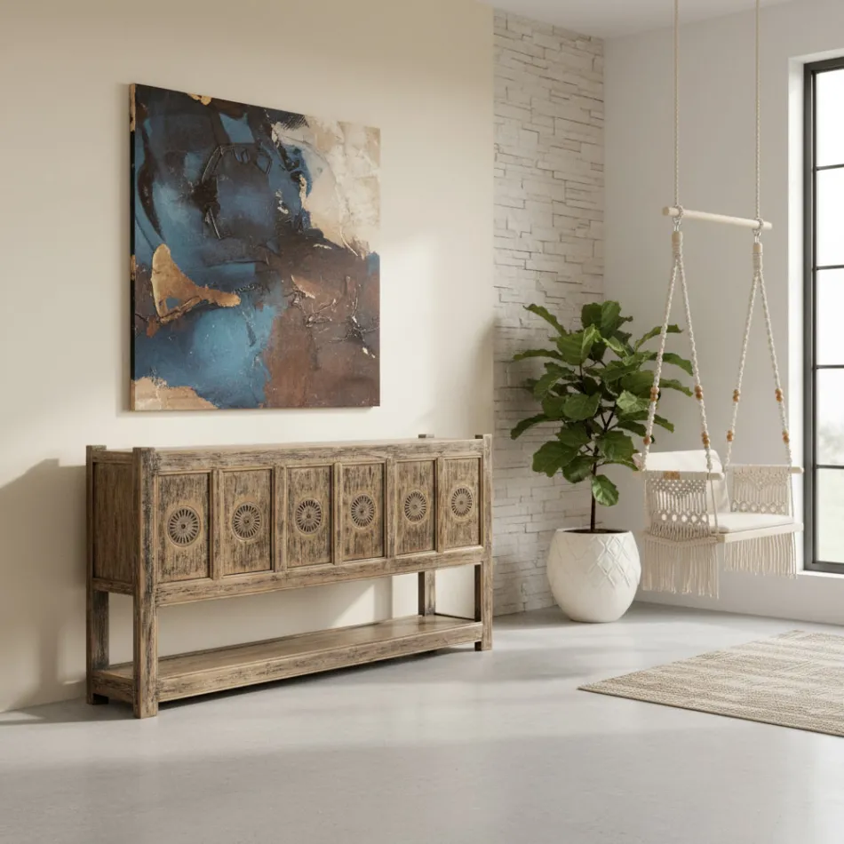 Skænk i fyrretræ med antikvasket finish og 6 døre - Airasca Viadurini