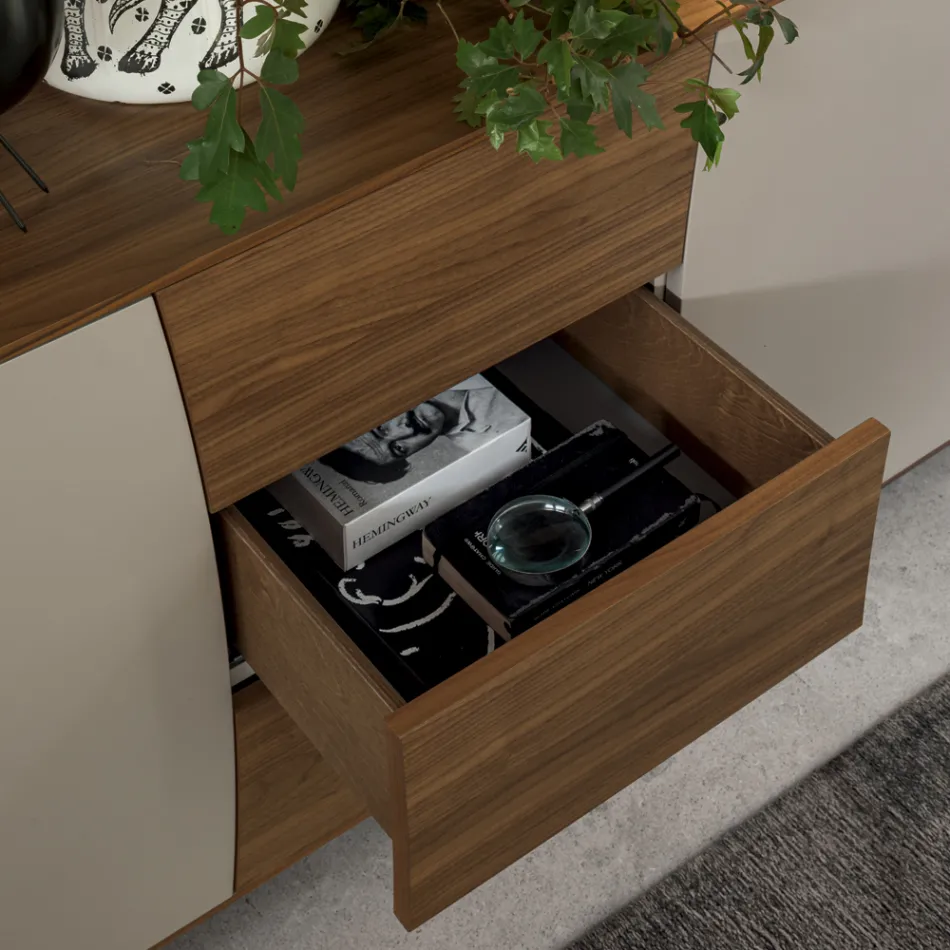 Skænk i lakeret træ 2 låger 3 skuffer krumlinjet italiensk design - Celio Viadurini