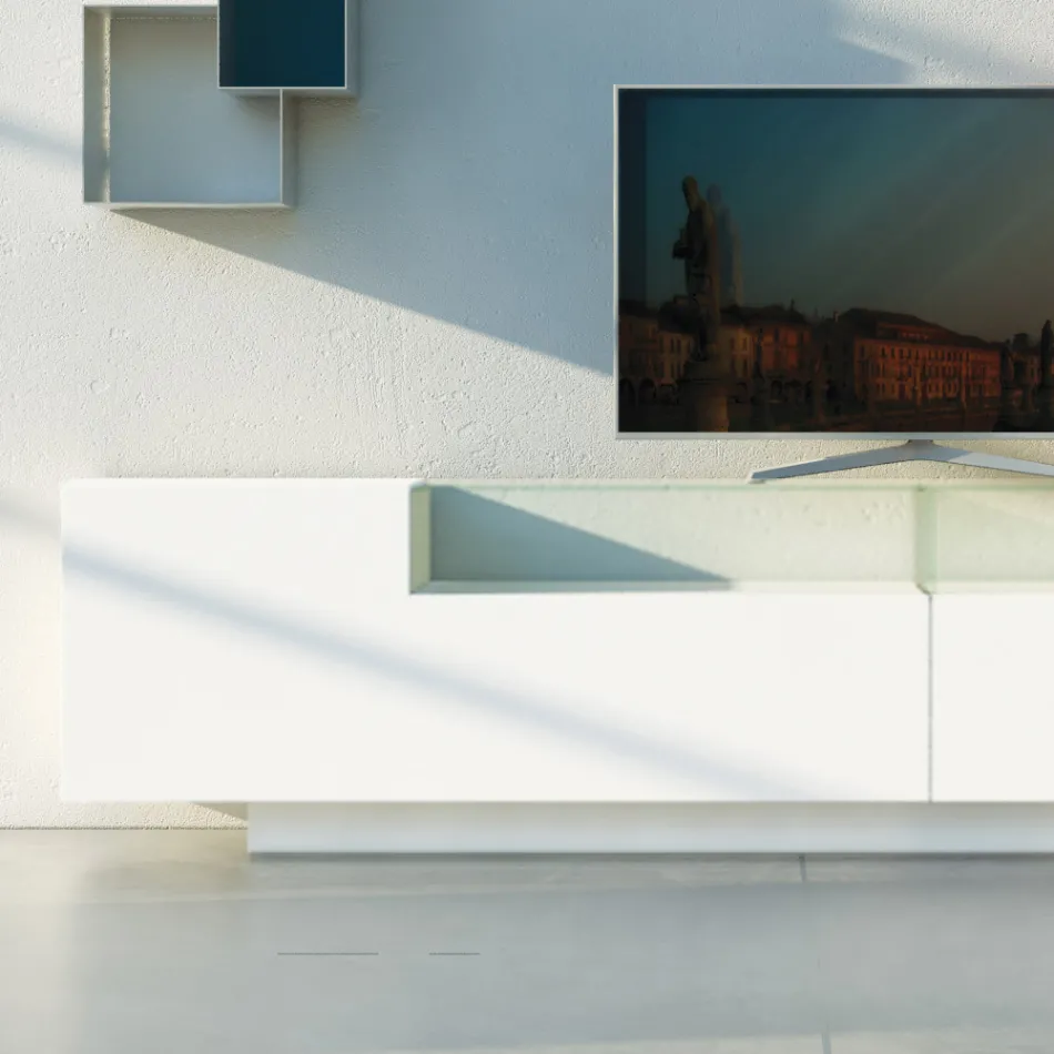 Skænk i hvid Mdf med glaskasse og sokkelbase Fremstillet i Italien - Kisha Viadurini