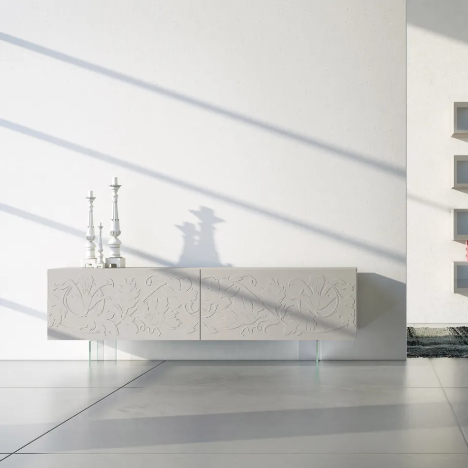 Skænk i lysegrå Mdf med glasfødder Made in Italy - Germena Viadurini