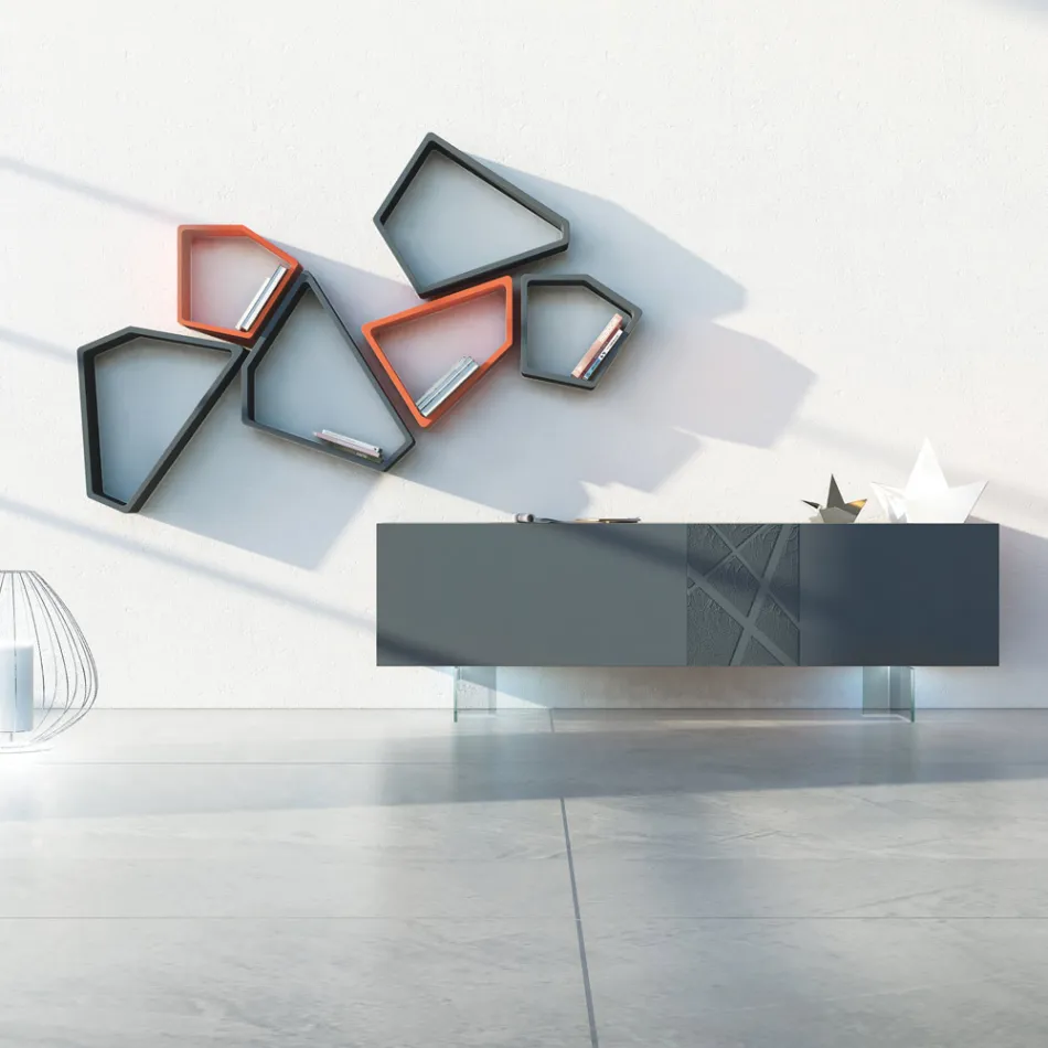 Skænk i grafitgrå Mdf med glasfødder Made in Italy - Zelia Viadurini