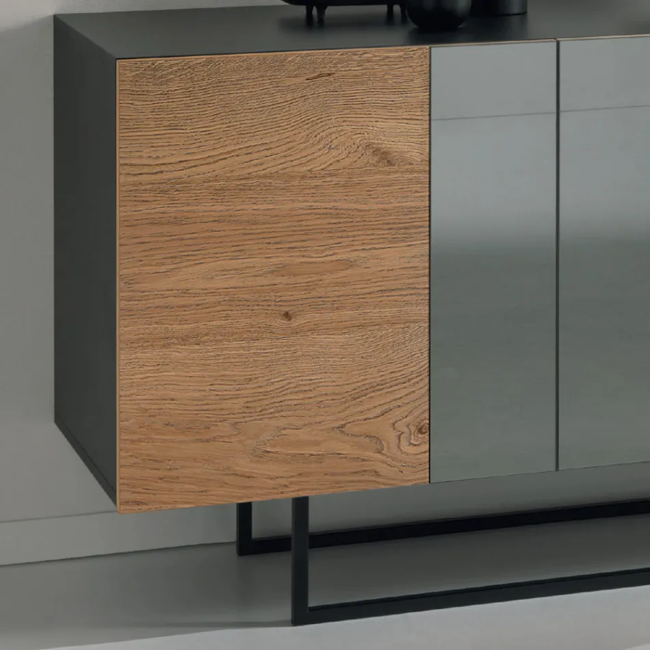 Skænk i melamin med 3 egetræsdøre og spejl Made in Italy - Romina Viadurini