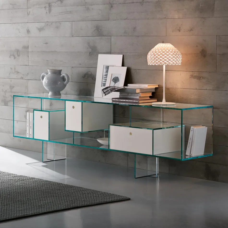 Glasskænk med tre skuffer, elegant design, fremstillet i Italien - Senera Viadurini
