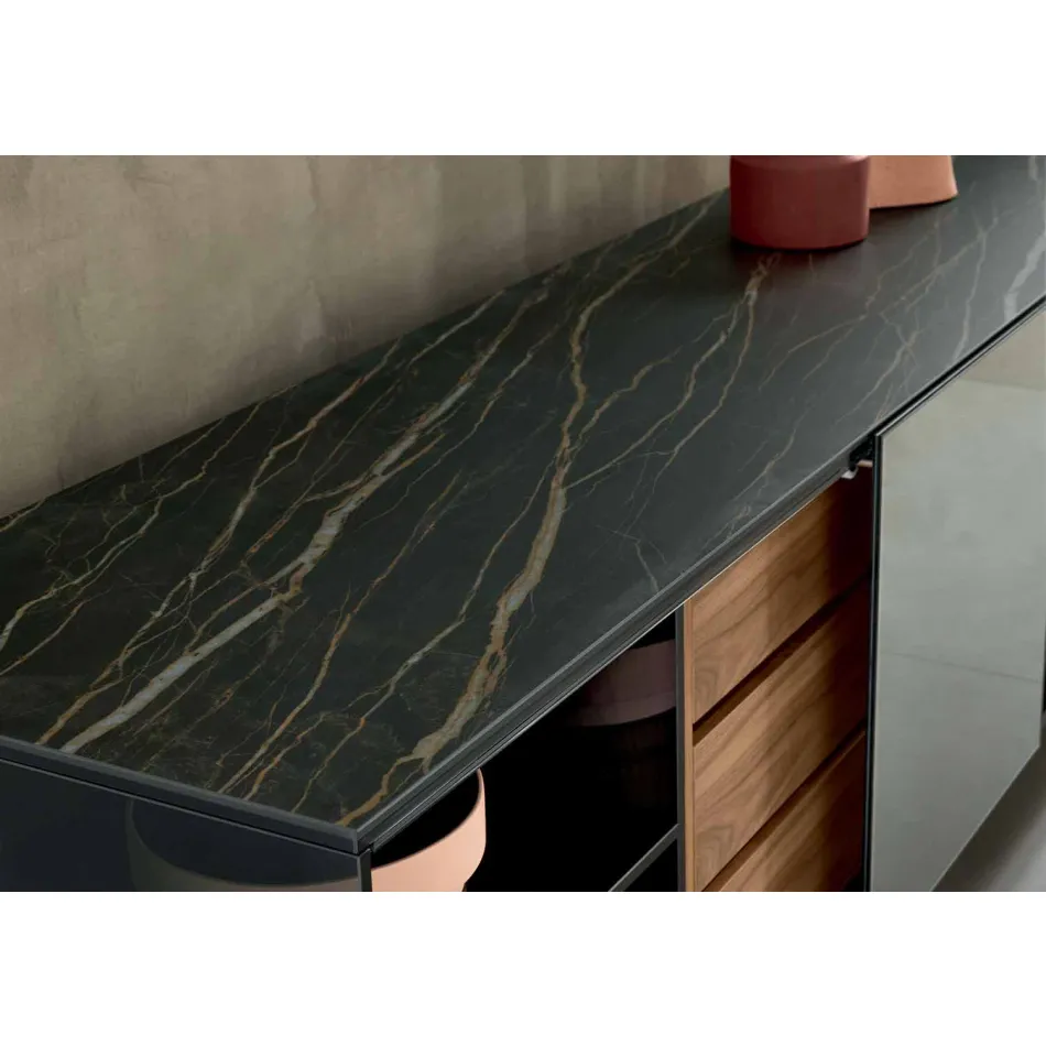 Moderne skænk på røget glashjul og keramisk top fremstillet i Italien - Sciocca Viadurini