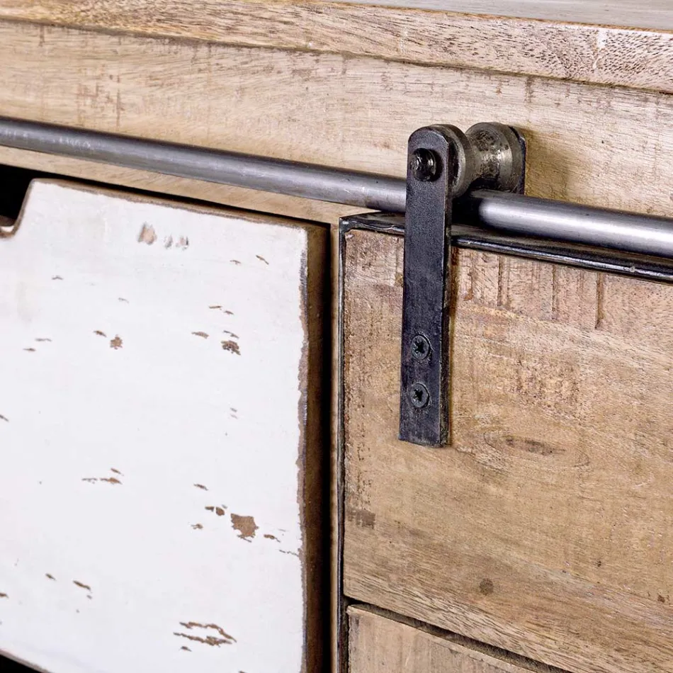 Stue skænk i mangotræ og stål med 2 låger og 3 skuffer - Sinfony Viadurini