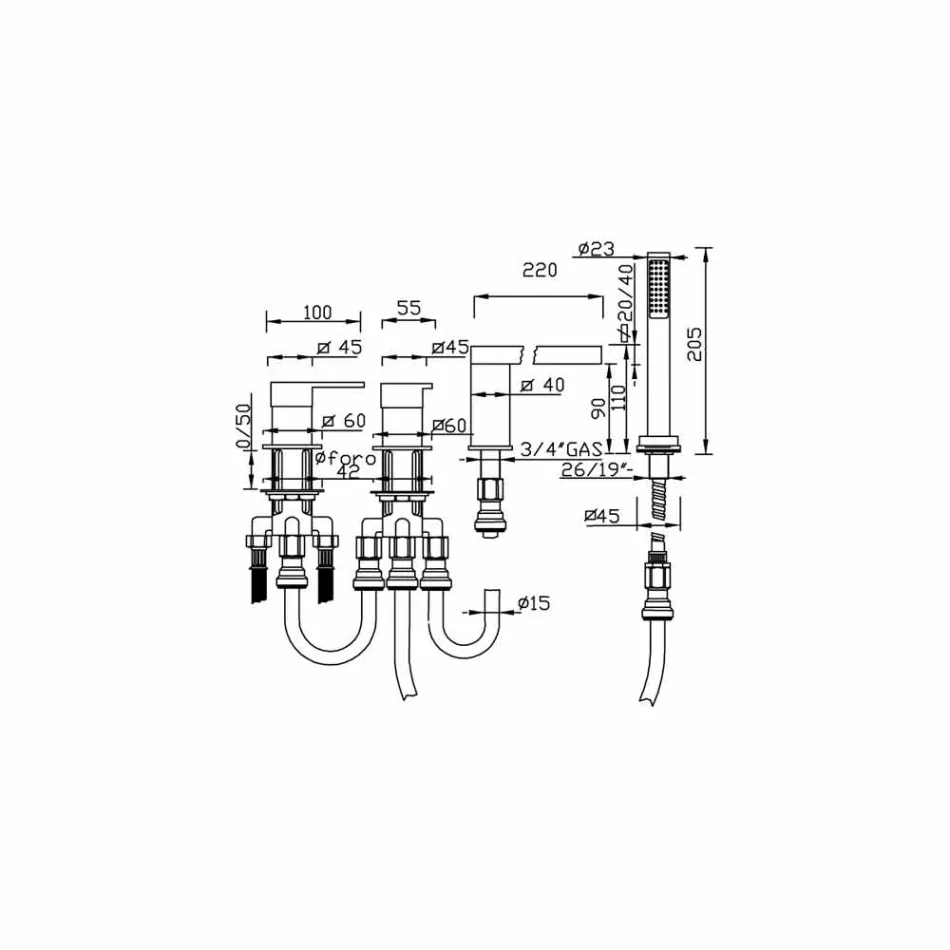 Fremstillet i Italien Design messing 4-huls badekar mixer - Panela Viadurini