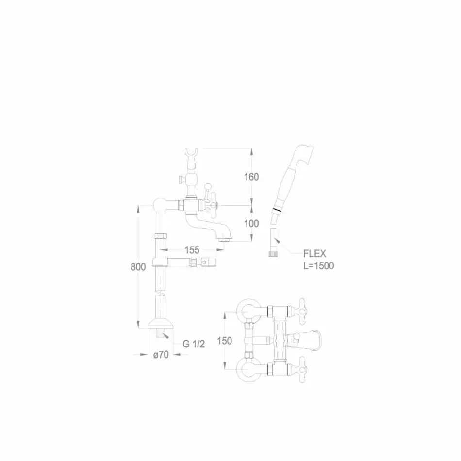 Klassisk mixer til gulvbadekar i messing fremstillet i Italien - Panico Viadurini