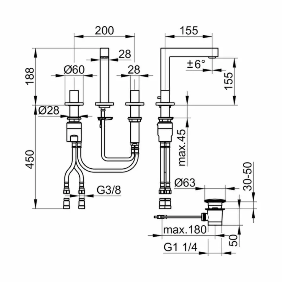 Moderne tre-huls krommetal i badeværelsesvaske - Girino Viadurini