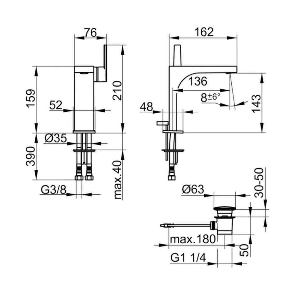 Moderne 1-grebs håndvaskarmatur med metalafløb - Etto Viadurini