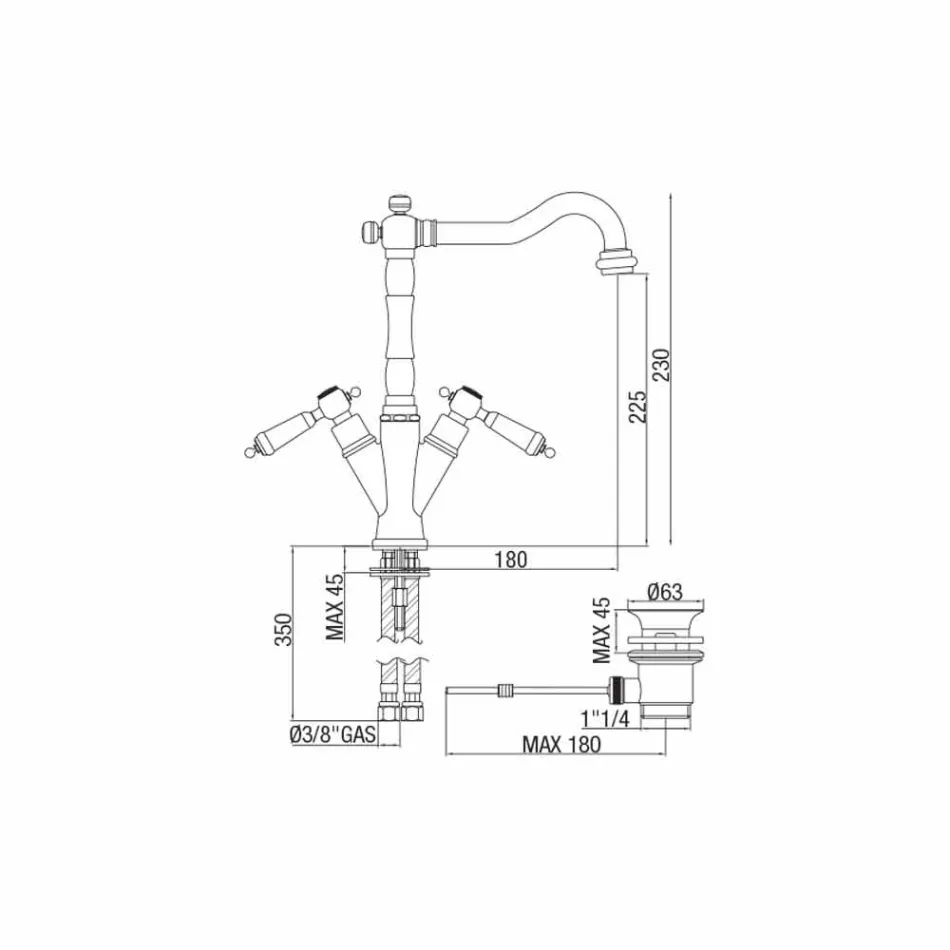 Single-Hole Mixer til klassisk håndvask i messing Made in Italy - Shelly Viadurini