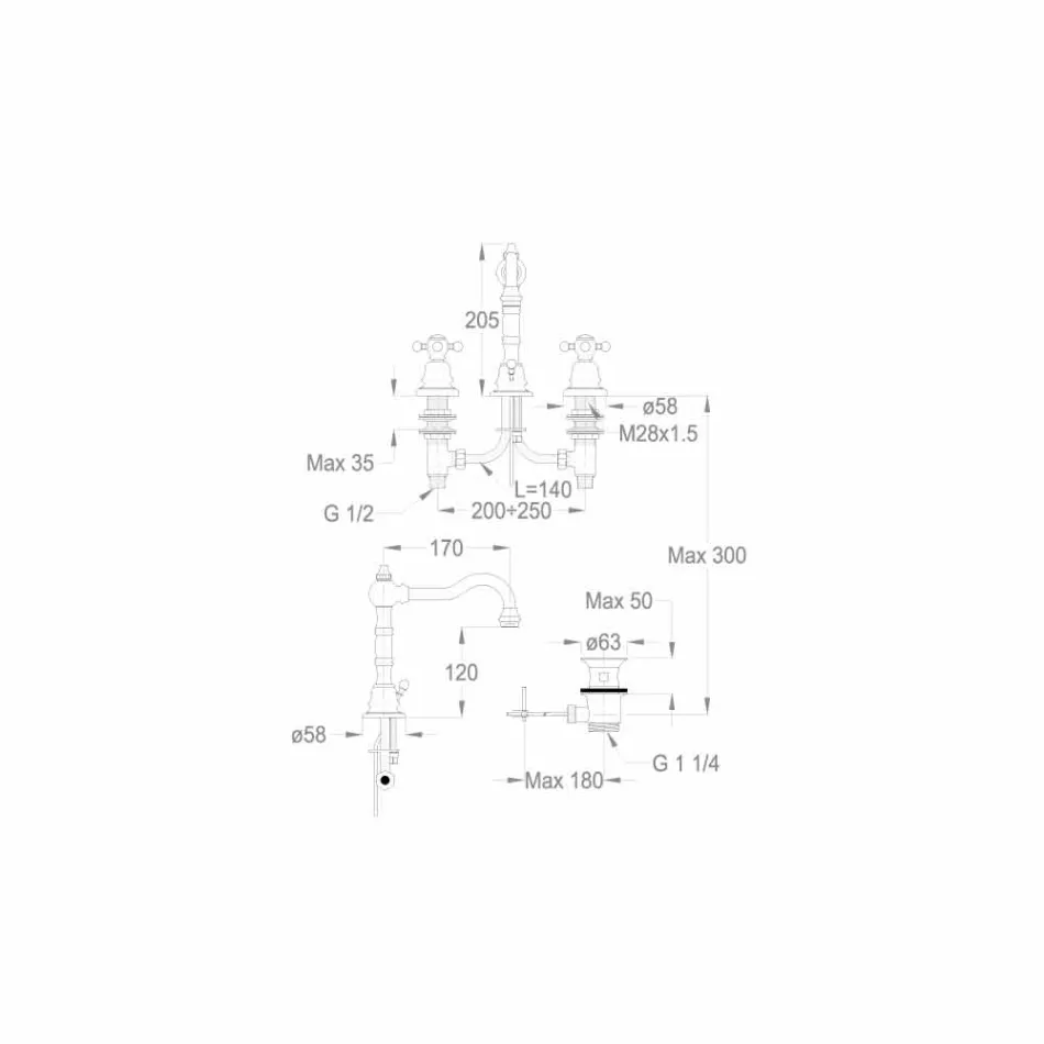 Moderne messing tre-huls håndvaskarmatur lavet i Italien - Binsu Viadurini