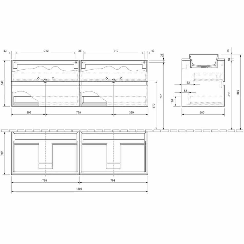Hængende badeværelsesmøbler med dobbelt indbygget håndvask, moderne design - Dumbo Viadurini