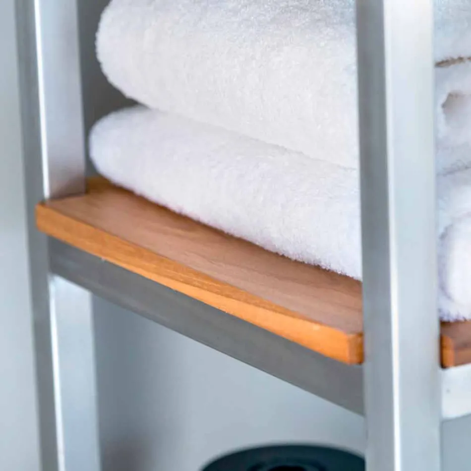 Kolonnebadeværelse i teaktræ og stål med 4 åbne hylder - Tamburino Viadurini