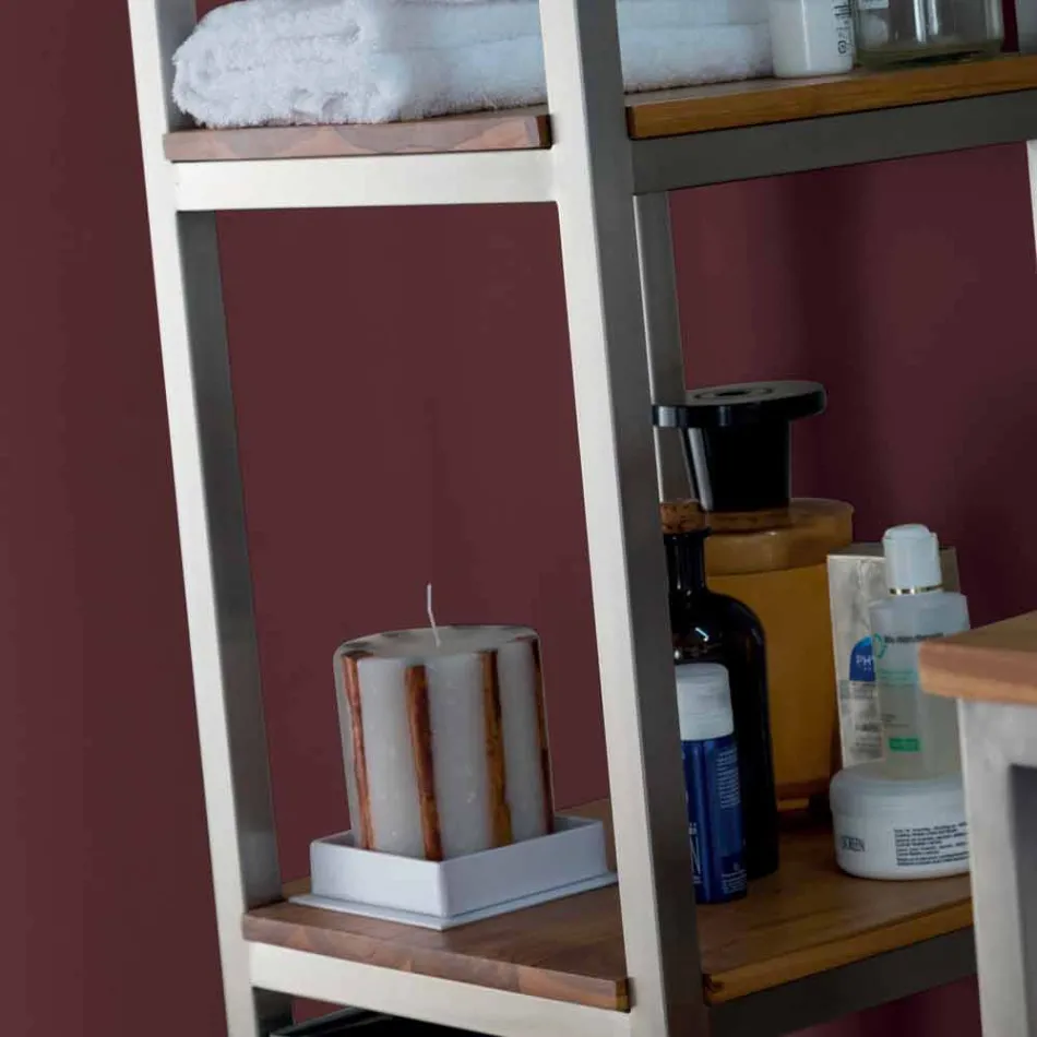 Kolonnebadeværelse i teaktræ og stål med 4 åbne hylder - Tamburino Viadurini