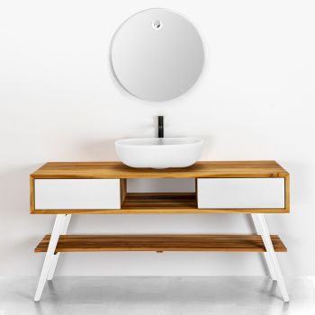 Hvidt badeværelsesskab i naturligt teak moderne design med hvide skuffer - Hamadou