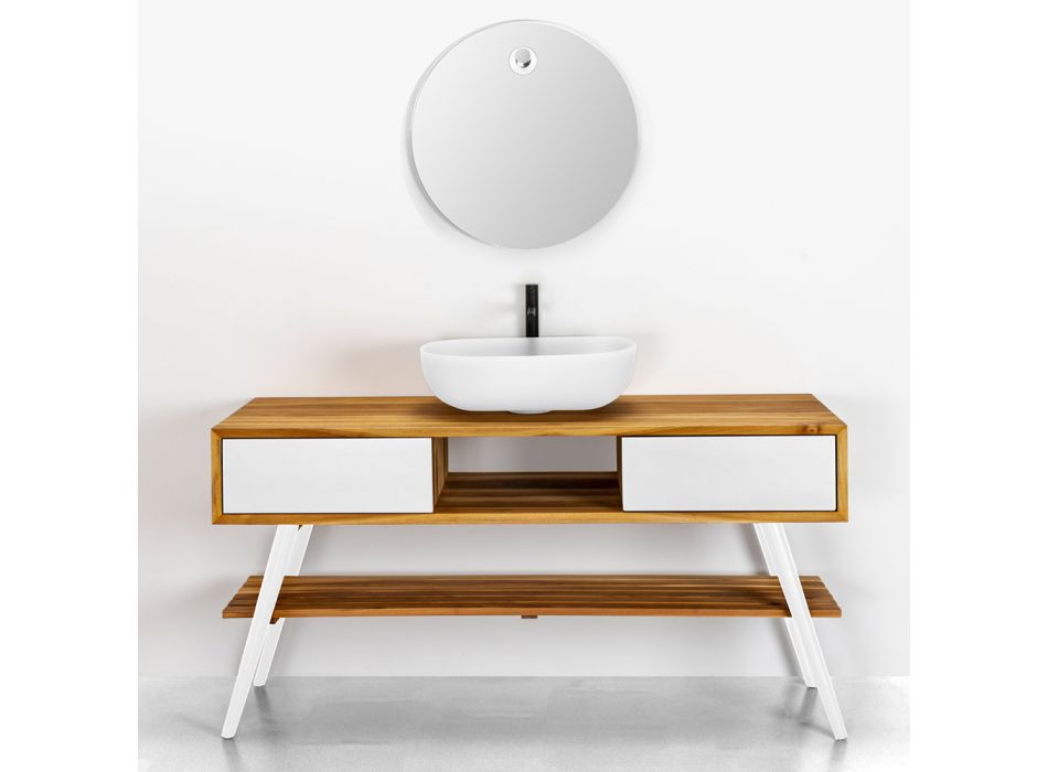 Hvidt badeværelsesskab i naturligt teak moderne design med hvide skuffer - Hamadou Viadurini